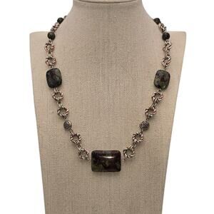 Earth Tone Stone Link Necklace – Ornate Mixed Metal Artisan Style